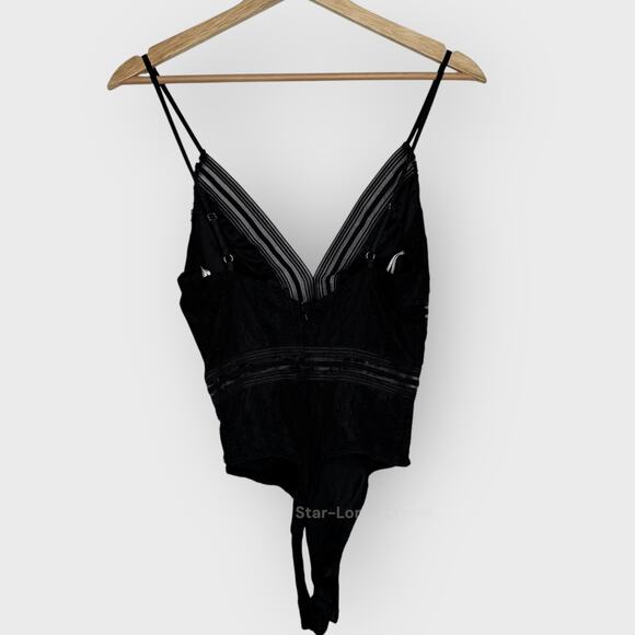 Lulus Casita Lace Thong Bodysuit S Black Sheer Striped Plunging V-Neck NWT Party - Picture 10 of 10